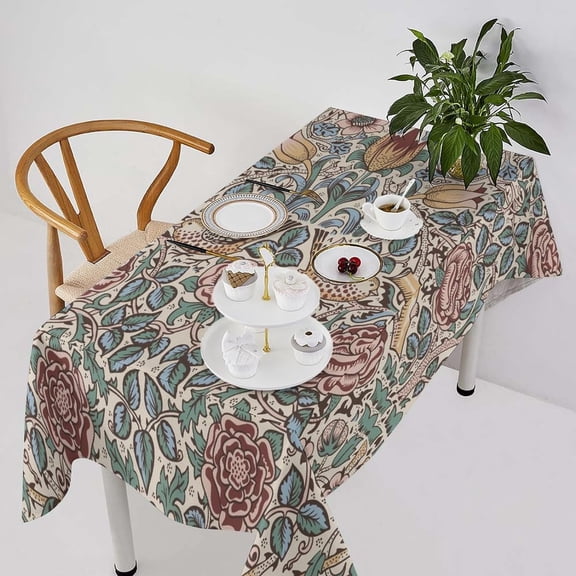 William Morris Tablecloth, William Morris Original Design Rustic Farmhouse Minimal Ethnic Print Table Cover for Holiday Home Picnic Party Dining Room Kitchen Decor 55x55inch