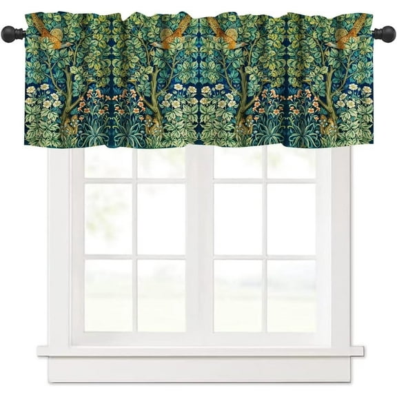 William Morris Valances Curtain for Window Vintage Bird Flower Art Print Green Plants Printed Rod Pocket Window Treatment for Living Room, Bedroom, Kitchen, Bathroom,1 Panel, 54" W x 18" L