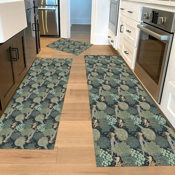 William Morris Vintage Floral Kitchen Rugs Sets of 3,Boho Non Slip Rubber Kitchen Mats for Floor Farmhouse Washable Kitchen Area Rugs Floor Carpet Runners for Hallway Laundry Room,Dark Green