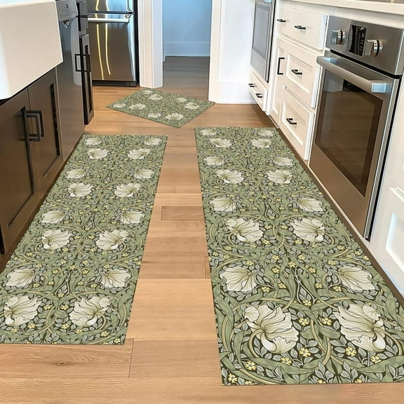 William Morris Vintage Floral Kitchen Rugs Sets of 3,Non Slip Rubber Kitchen Mats for Floor Farmhouse Washable Kitchen Area Rugs Floor Carpet Runners for Hallway Laundry Room,Sage Green/Yellow