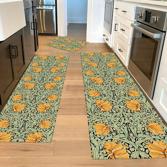 William Morris Vintage Floral Kitchen Rugs Sets of 3,Non Slip Rubber Kitchen Mats for Floor Farmhouse Washable Kitchen Area Rugs Floor Carpet Runners for Hallway Laundry Room,Sage Green/Orange