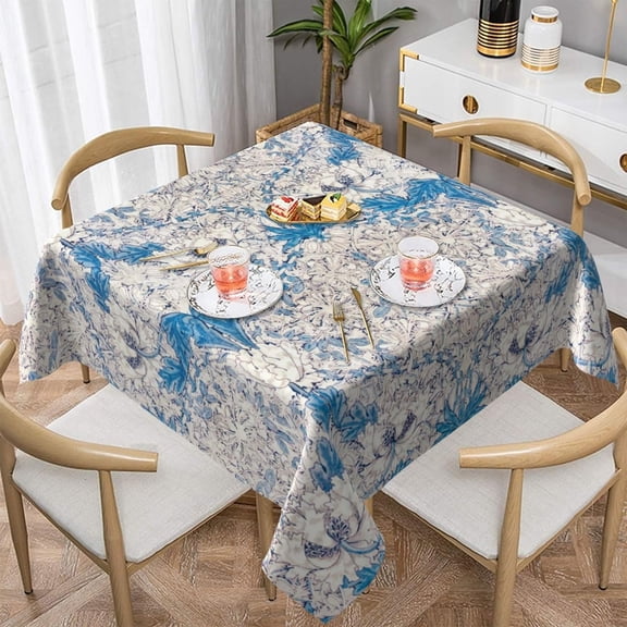 William Morris Vintage Square Tablecloth,Vintage Blue Floral Plant Print Farmhouse Kitchen Restaurant Waterproof Tablecloth (Blue Floral, Square 55")