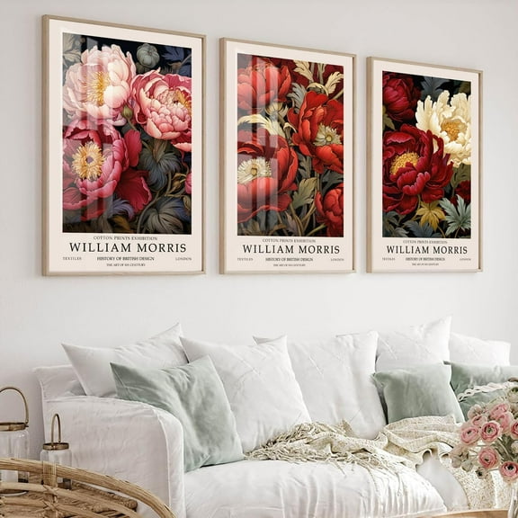 William Morris Wall Art Set of 3 Blue Peony Poster Aesthetic Canvas Wall Art Decor Vintage Prints Landscape Exhibition Pictures Flower Market Paintings Art for Room Bedroom Decor 16x24 inch Unframed