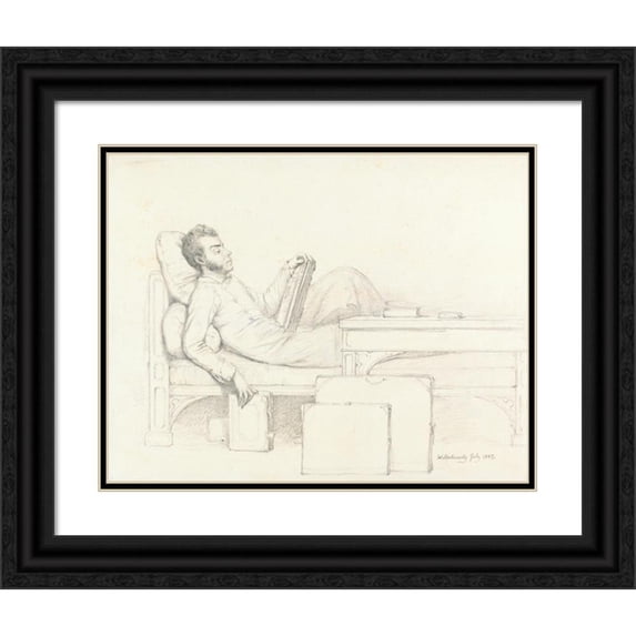 William Mulready 24x20 Black Ornate Framed Double Matted Museum Art Print Titled: Self-Portrait of the Artist Reclining on a Gothic Couch Reading a Book (1827)