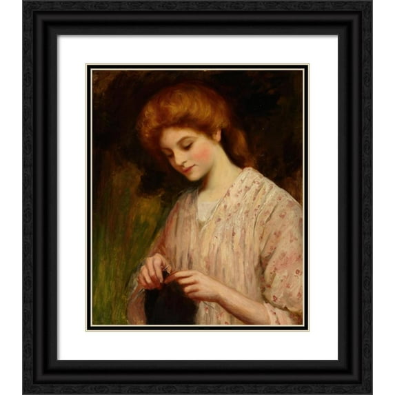William Oliver 20x23 Black Ornate Framed Double Matted Museum Art Print Titled: Emma Evurne Knitting a Sweater