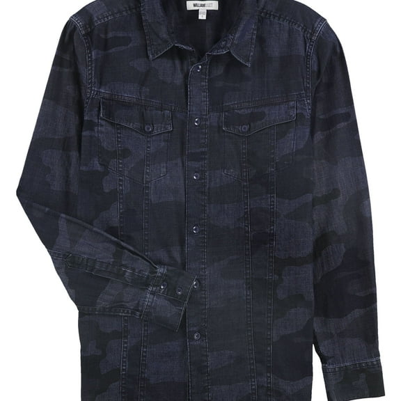 William Rast Mens Denim Camo Button Up Shirt, Blue, Small