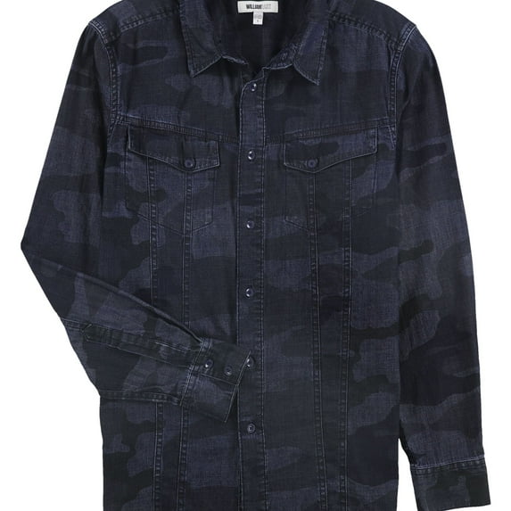 William Rast Mens Denim Camo Button Up Shirt, Blue, Small