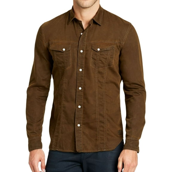 William Rast Mens Dual Pocket Button Up Shirt, Brown, Medium