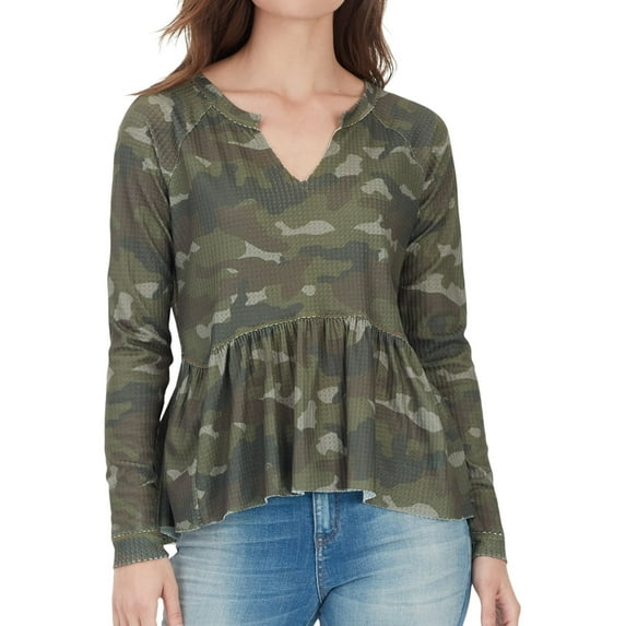 William Rast Womens Camo Print Peplum Blouse, Green, XX-Large