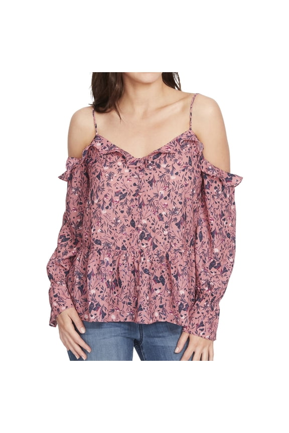 Womens Cold Shoulder Printed Peplum Top Pink XL