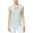 thumbnail image 1 of William Rast Womens Lace-Up Knit Blouse, Blue, Large, 1 of 1