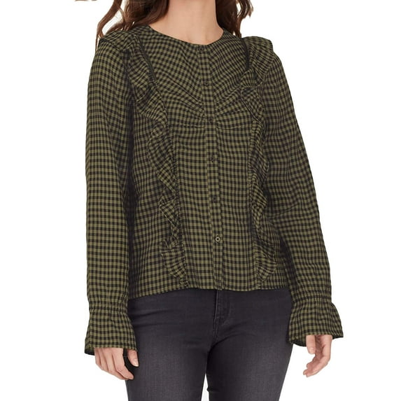 William Rast Womens Susannah Plaid Prairie Blouse Size-X-Small Color-Black/Olive
