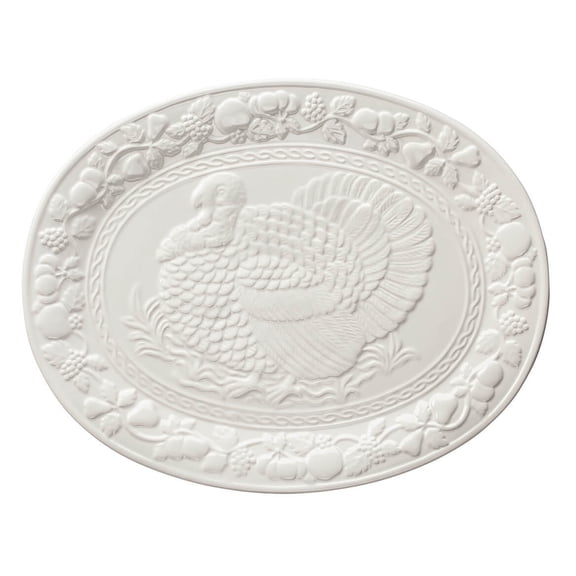William Roberts 17" Oval Thanksgiving Platter, Ivory Ceramic Turkey Serving Dish, Microwave & Dishwasher Safe