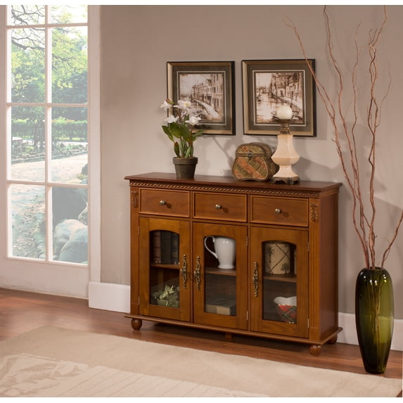 William Sideboard Buffet Server Cabinet with Adjustable Storage Shelves & Drawers, Walnut Wood & Glass Doors