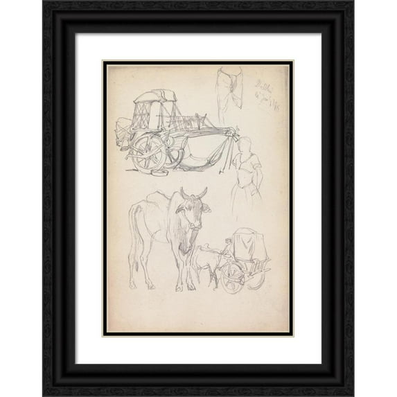 William Simpson 18x24 Black Ornate Framed Double Matted Museum Art Print Titled: Studies of Bullock Carriages, Delhi, 14 January 1860 (1860)