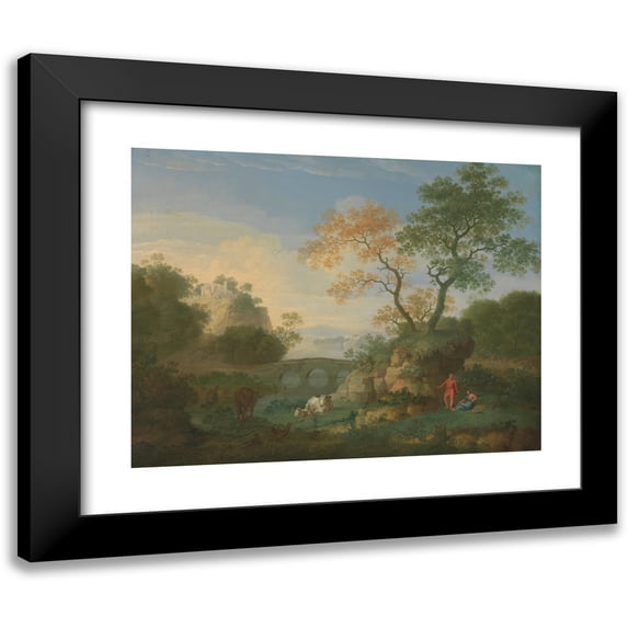 William Smith 24x20 Black Modern Framed Museum Art Print Titled - A Landscape with Distant Classical Ruins, a Bridge, Figures, and Cattle