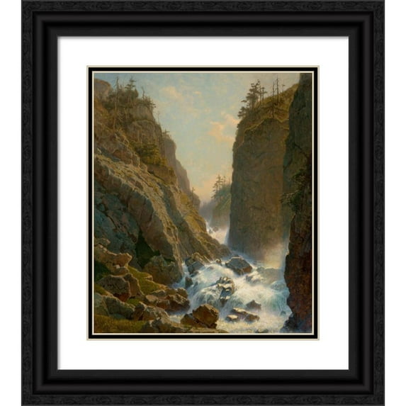 William Stanley Haseltine 12x14 Black Ornate Wood Framed Double Matted Museum Art Print Titled: Mountain with Cascade