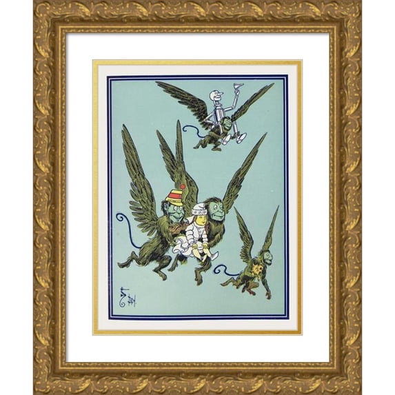 William Wallace Denslow 19x24 Gold Ornate Framed and Double Matted Museum Art Print Titled - The Monkeys Caught Dorothy in Their Arms and Flew Away with Her (1900)