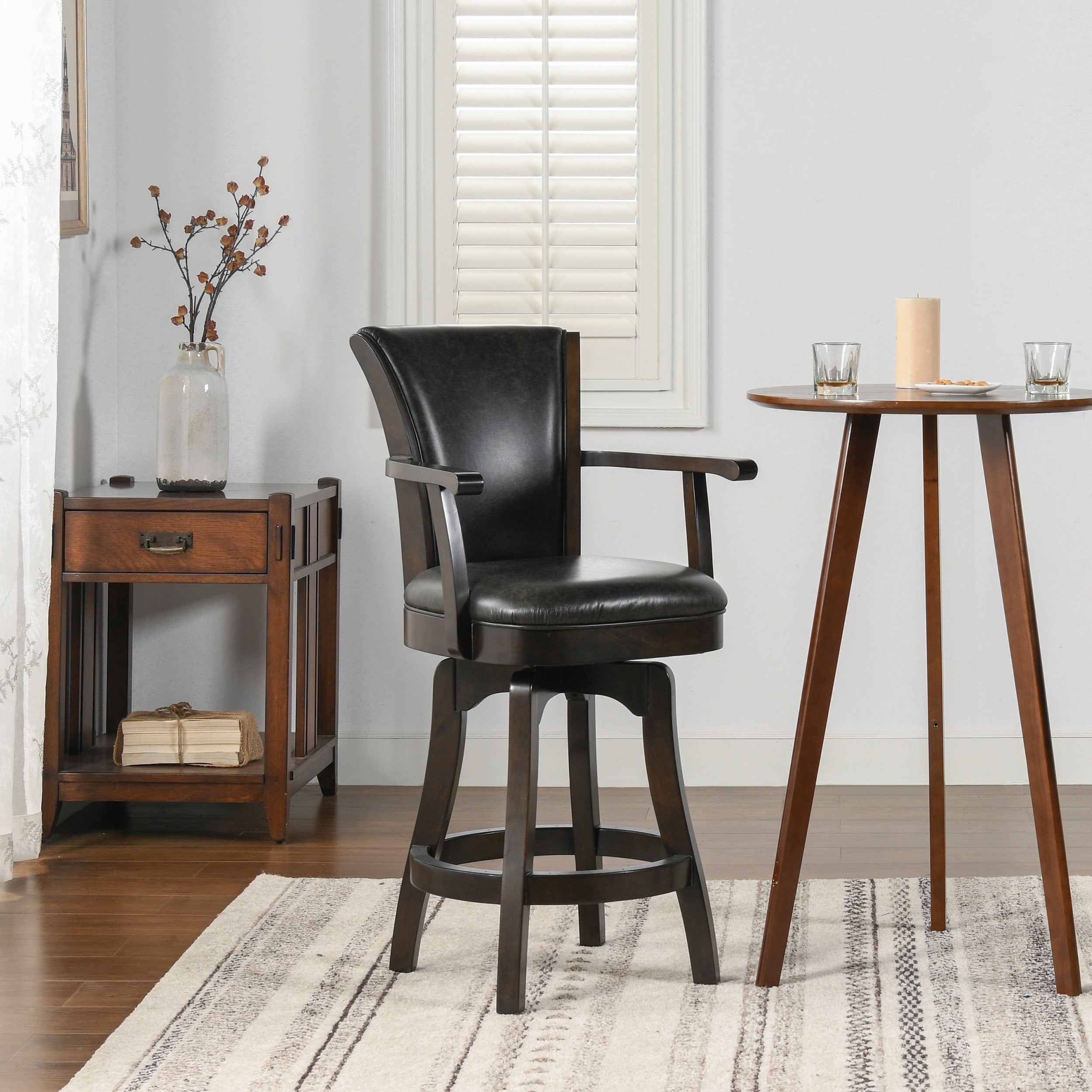 Williams 27" Swivel Counter Height Bar Stool in Vintage Black Faux Leather and Wood