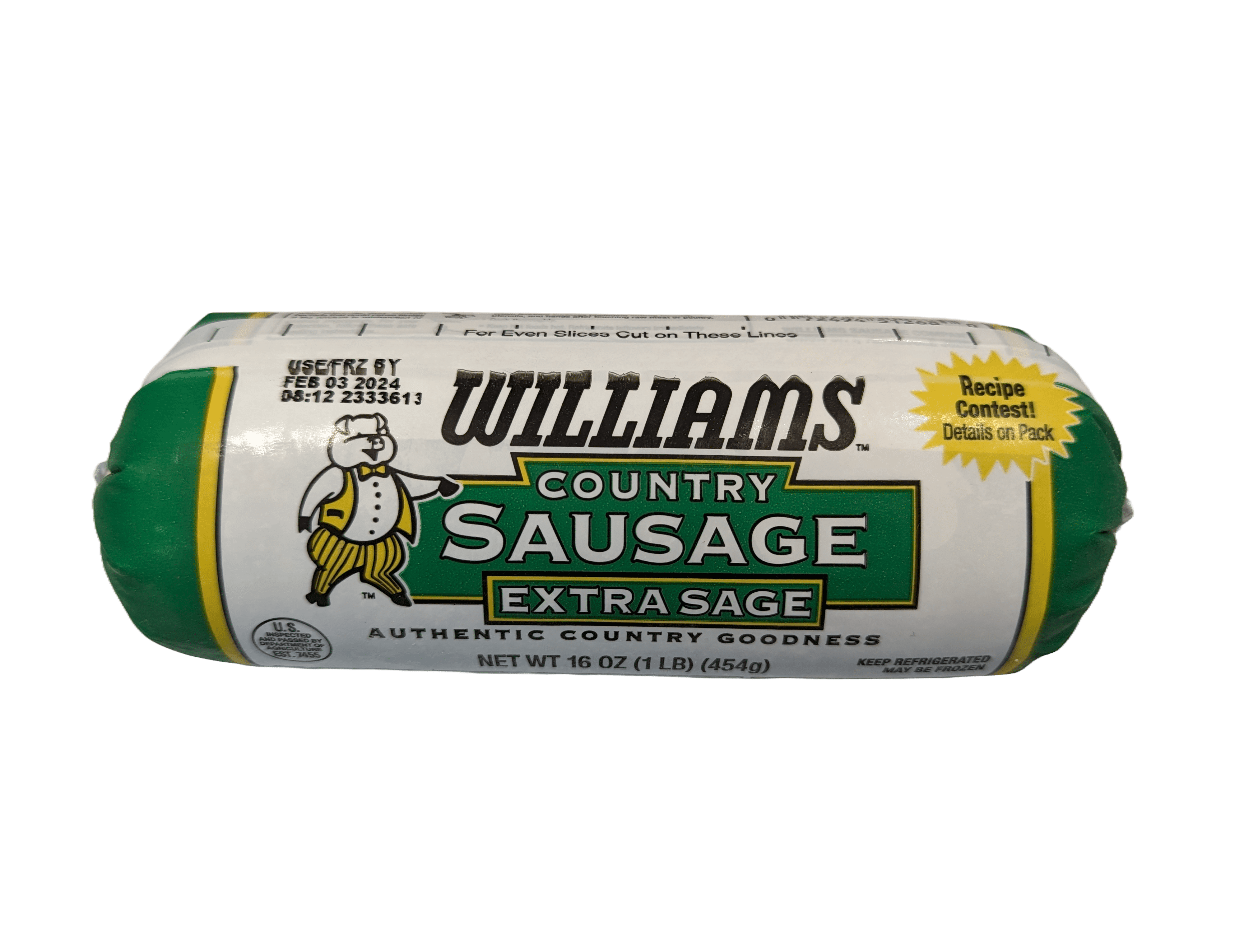 Williams Sausage Pork Sausage Extra Sage Flavor, 16 oz. Roll, Plastic Wrapped