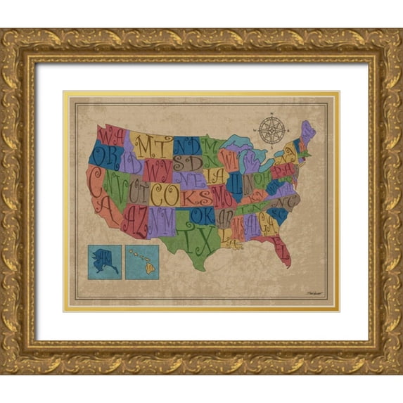 Williams, Todd 24x20 Gold Ornate Wood Framed with Double Matting Museum Art Print Titled - US Map