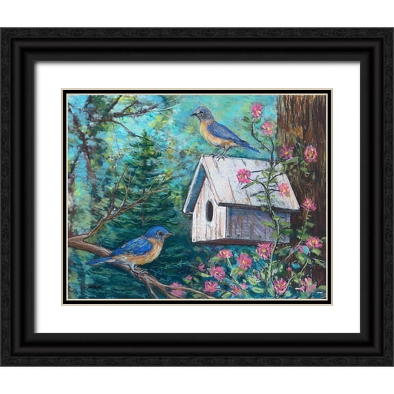 Williams, Todd 32x26 Black Ornate Wood Framed with Double Matting Museum Art Print Titled - Blue Birds and House