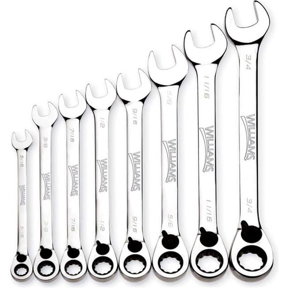 Williams Tools B3193668 0.312 to 0.75 in. Ratcheting Combination Wrench Set - Chrome - 8 Piece