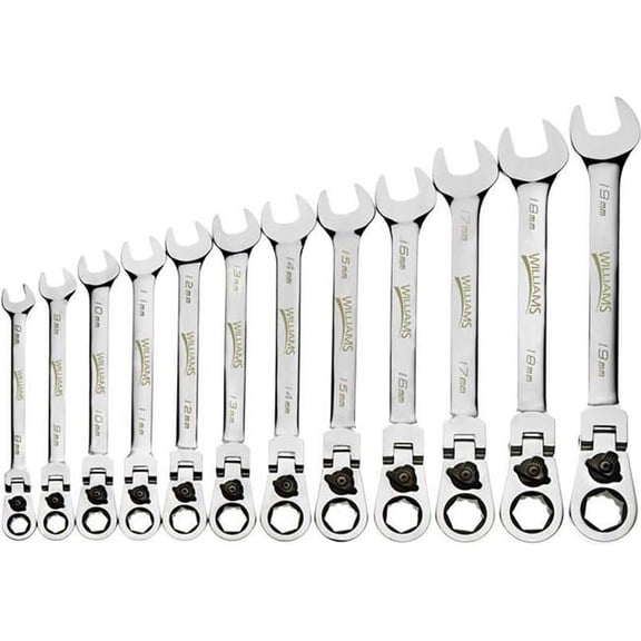 Williams Tools B3193687 12-Point Flex Head Reversible Ratcheting Combination Wrench - Chrome - 12 Piece