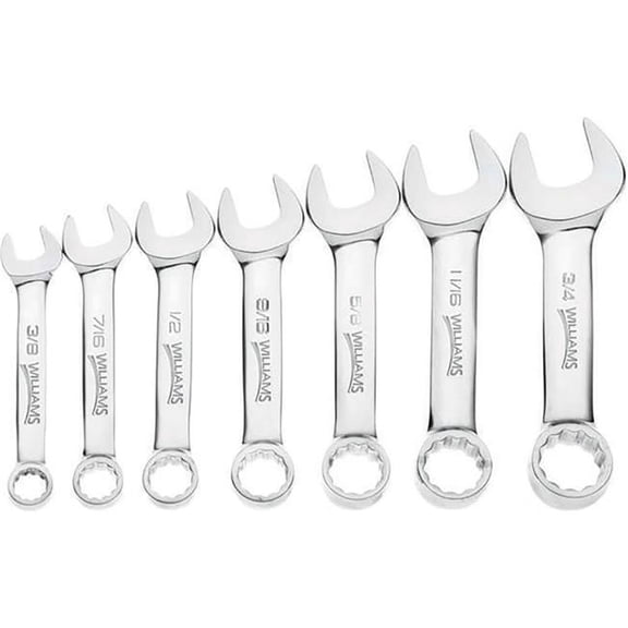 Williams Tools B3193728 0.375 to 0.75 in. 12-Point Stubby Combination Wrench Set - Chrome - 7 Piece