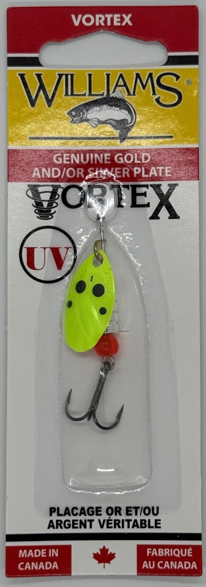 Williams VorteX Spinner Size1 1/8oz Chartreuse Black Dots on Silver