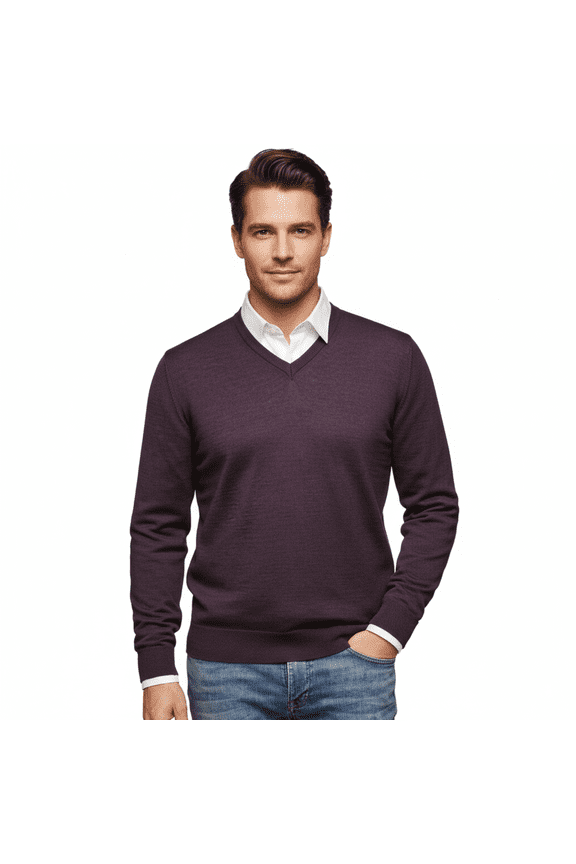 Purple 100% Wool Suede VNeck Sweater-S for mens