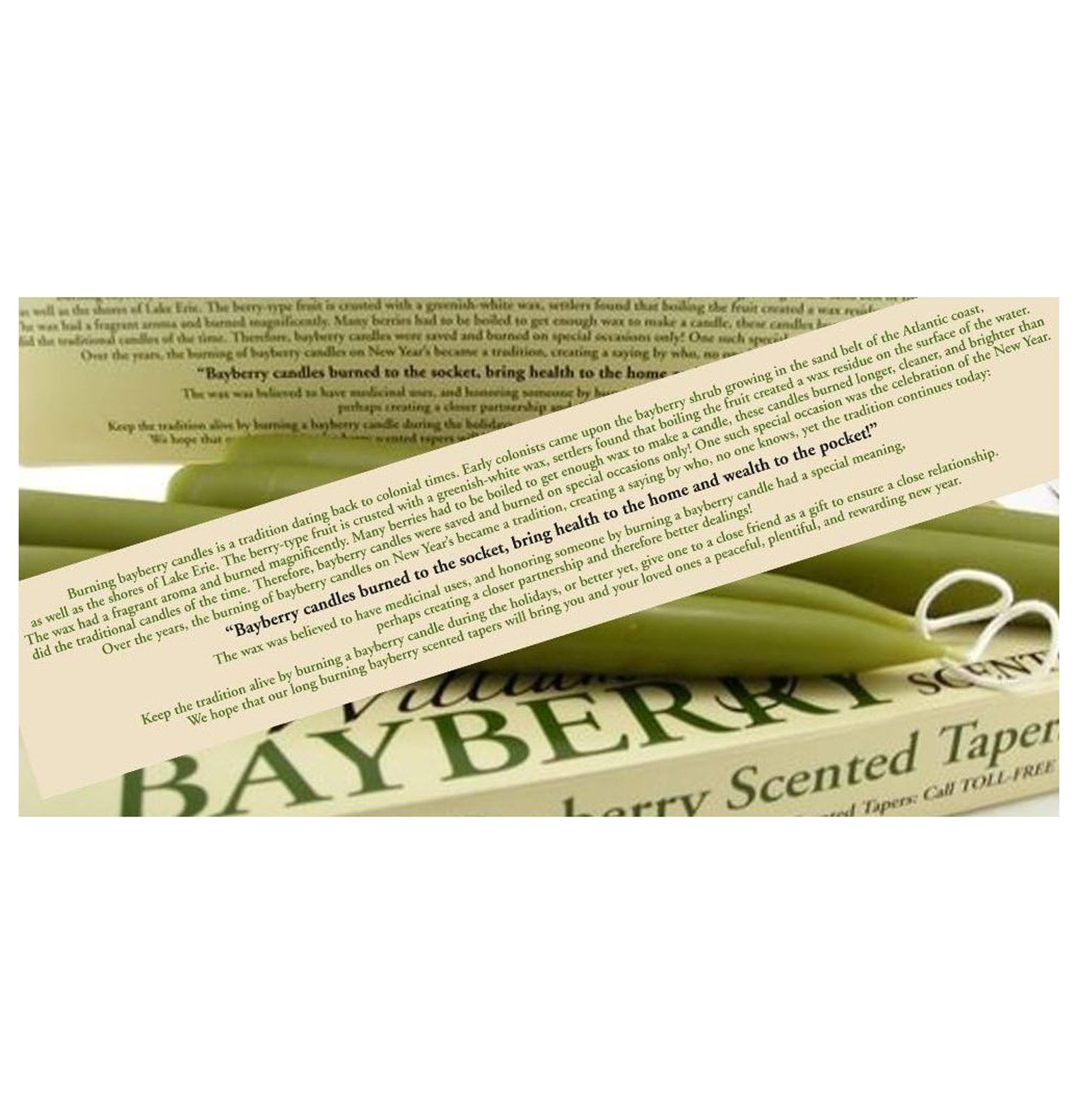 Williamsburg Bayberry Candles Tapers with Candle Legend Bayberry