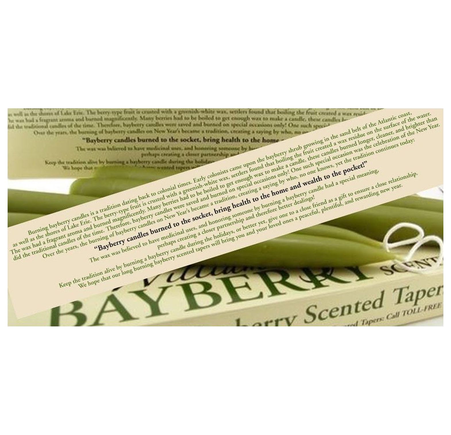 Williamsburg Bayberry Candles Tapers with Candle Legend Bayberry