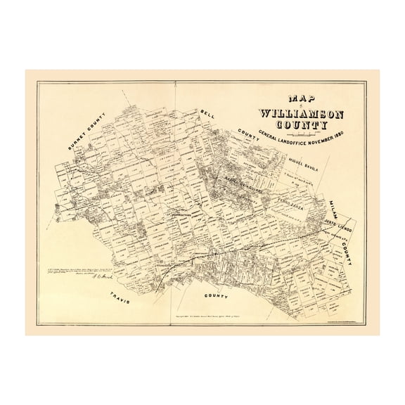Williamson County Texas Art, 1880 Vintage Map of Williamson County TX History Wall Decor Gift, Old Williamson County TX Map - 36" x 24" Unframed Print