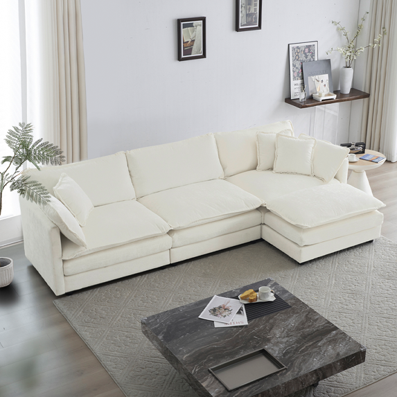Williamspace Modern Chenille Upholstered L-Shaped Sofa with Ottoman and 5 Toss Pillows, White