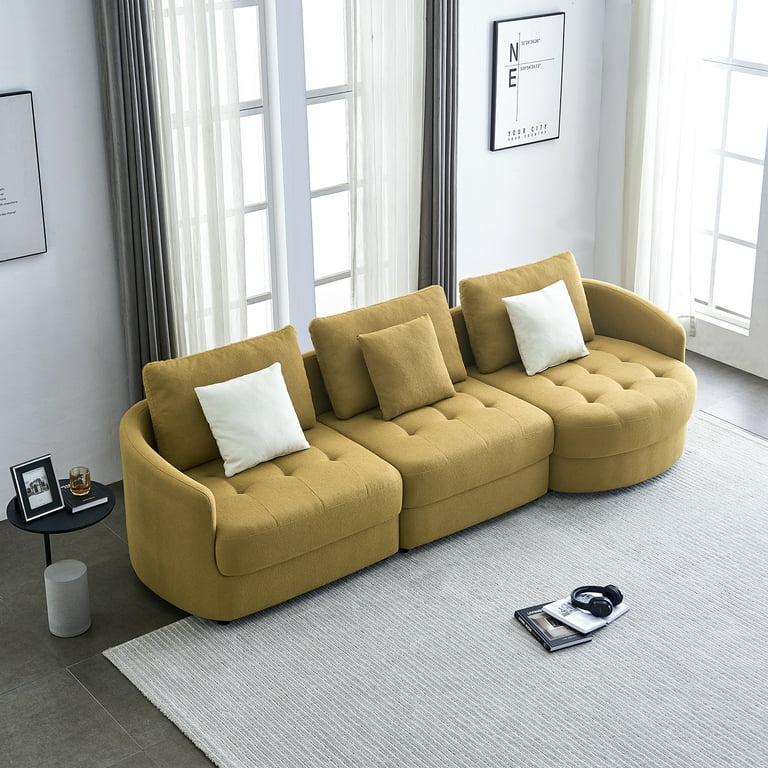 Williamspace 113 Modern Curved Sofa Sectional Sofa 3 Seat Cloud Couch Comfy  Teddy Fabric Sofa with 3 Pillows for Living room, Apartment, Office,Dark  Yellow 
