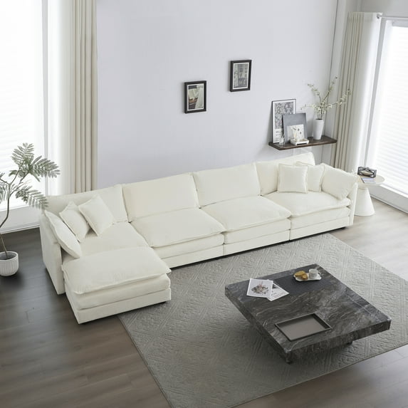 Williamspace 146.5" Sectional Sofa Couch, Modern Upholstered Oversized L-Shaped Sofa with Ottoman & Toss Pillows, Modular 5 Seat Chenille Fabric Sofa Furniture for Living Room Apartment, White