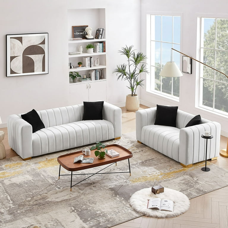 Velvet Fabric White Tufted Sofa Set LOTUS SOFA LOVESEAT VELVET