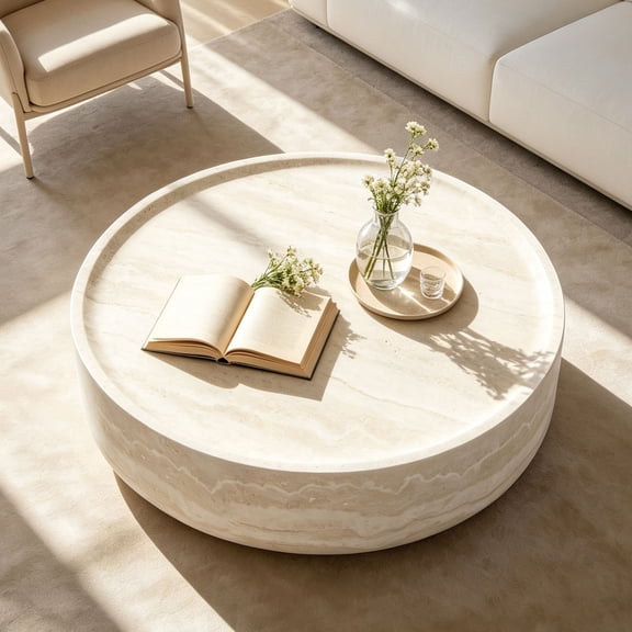 Williamspace 35.43” Round Coffee Tables, Modern Faux Marble Travertine Tables for Living Room, Apartment, No Need Assembly