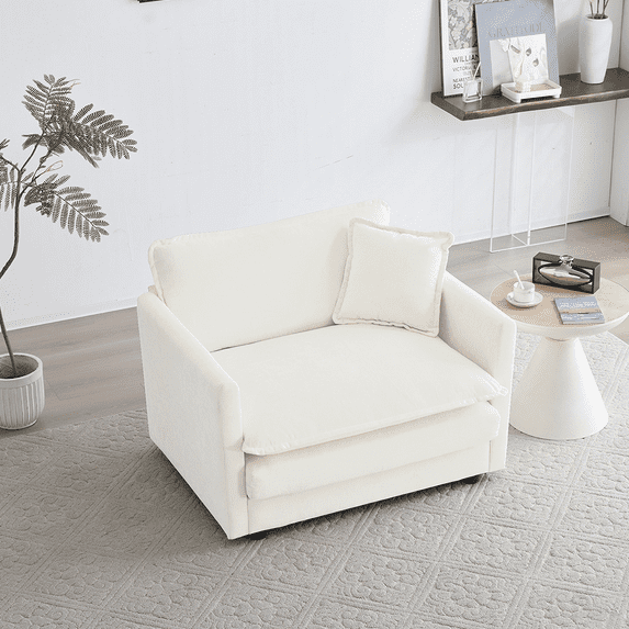 Williamspace 41" Single Sofa Chair, Modern Upholstered Armchair with 1 Toss Pillow, Small Cream Couch Chair for Living Room, Deep Seat Chenille Sofa for Bedroom Apartment, White