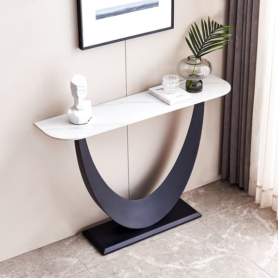 Williamspace 47.2" Modern Console Table, Entryway Table Sintered Stone Sofa Table U Shaped Accent Table with Metal Gold Base Adjustable Foot Pads for Hallway Corridor Living Room, Black