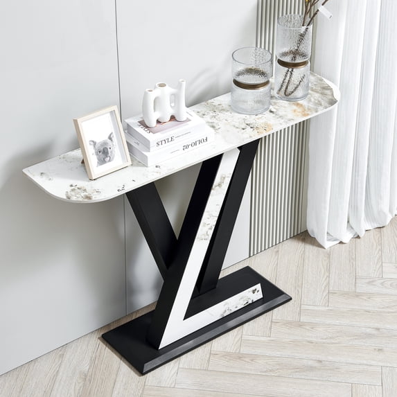 Williamspace 47.2" Modern Console Table, Sintered Stone Sofa Table Narrow Long Entryway Table with Metal Base, Exquisite Shaped Accent Table for Hallway Entrance Corridor Living Room Office, Black