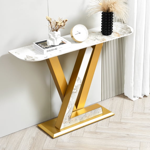 Williamspace 47.2" Modern Console Table, Sintered Stone Sofa Table Narrow Long Entryway Table with Metal Base, Exquisite Shaped Accent Table for Hallway Entrance Corridor Living Room Office, Gold