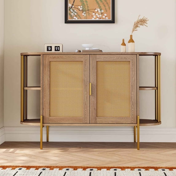 Williamspace 47.2" Sideboard Buffet Cabinet with Storage, Modern 2-Door Accent Dining Cabinet with Gold Trim & Woven Rattan Doors for Living Room Dinning Room Kitchen, Oak