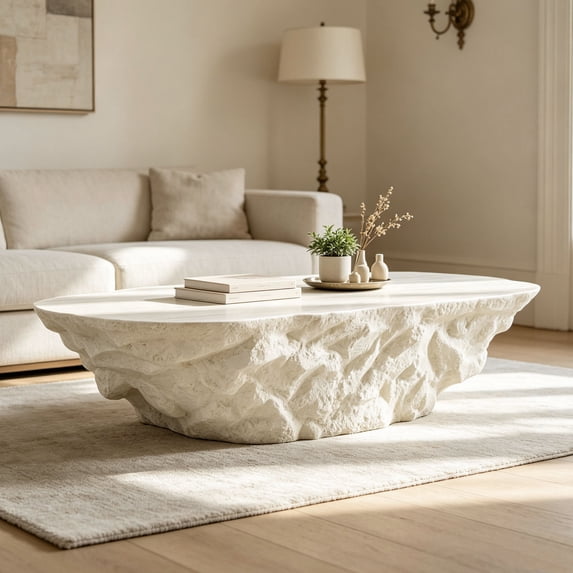 Williamspace 47.24 inch Irregular Coffee Table Coffee Table, Fiberglass Imitation Stone Table for Living Room Office,Apartment,No Need Assembly