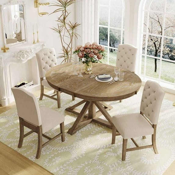 Williamspace 5 Piece Dining Table Set, 54" to 42" Expandable Kitchen Table with 4 Upholstered Chairs for Dining Room Kitchen Living Room Apartment, Retro Extendable Table Set, Oak