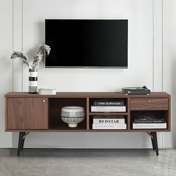 Williamspace 54.6" Walnut Wood Modern TV Stand up to 60", Media Console with Storage