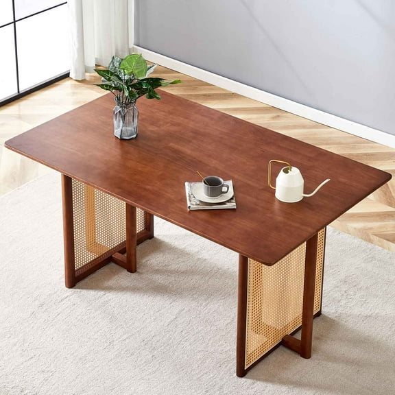 Williamspace 59" Dining Table for 4 to 6, Rectangular Kitchen Table Retro Solid Wood Table, Modern Imitation Rattan Restaurant Furniture for Dining Room Kitchen Living Room Leisure Table, Walnut