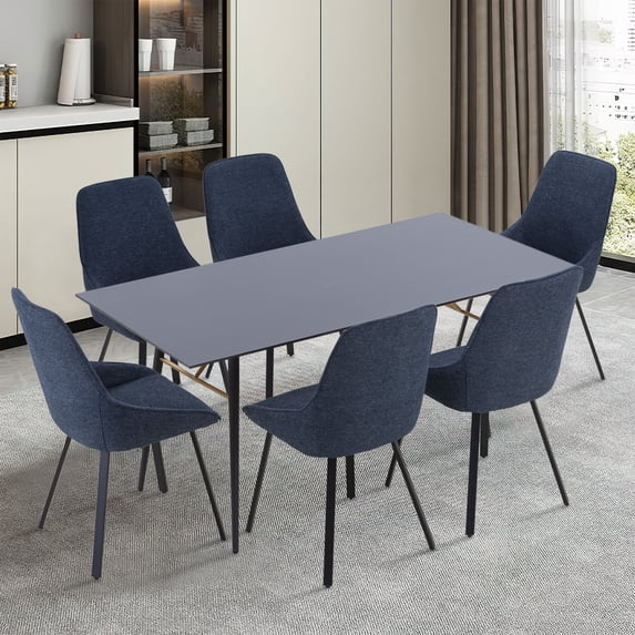 Williamspace 7 Piece Dining Table Set,62.4" Modern Dining Table with 6 Dining Chairs,Table with Metal Legs for Living Room Dining Room Kitchen,Black&Blue