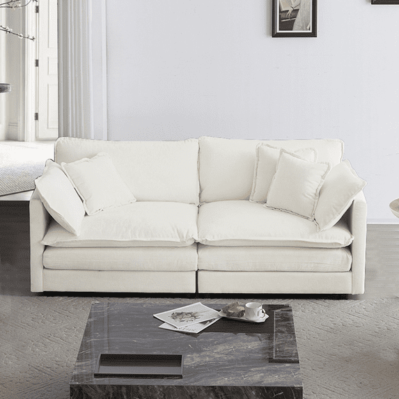 Williamspace 70" Loveseat Sofa Couch, Modern Upholstered 2 Seat Sofa, Sectional Sofa Couch with 4 Toss Pillows, Deep Seat Chenille Fabric Loveseat for Living Room Apartment, White